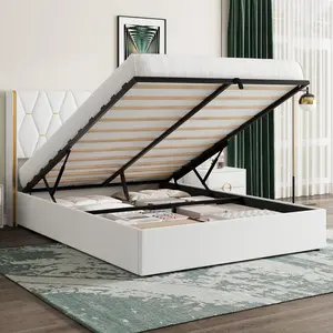 Storage Bed Full with Upholstered Wingback Headboard, Modern Full Size Hydraulic Bed Frame with Strong Wood Slats Support, No Box Spring Needed, Easy Assembly, White
