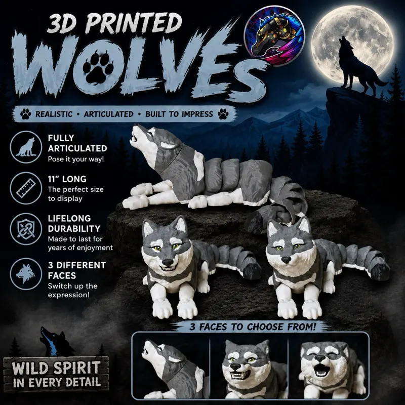 3D Printed Articulated Wolf Figurines 11” long- 3 Faces to choose from, Realistic Collectible Decoration