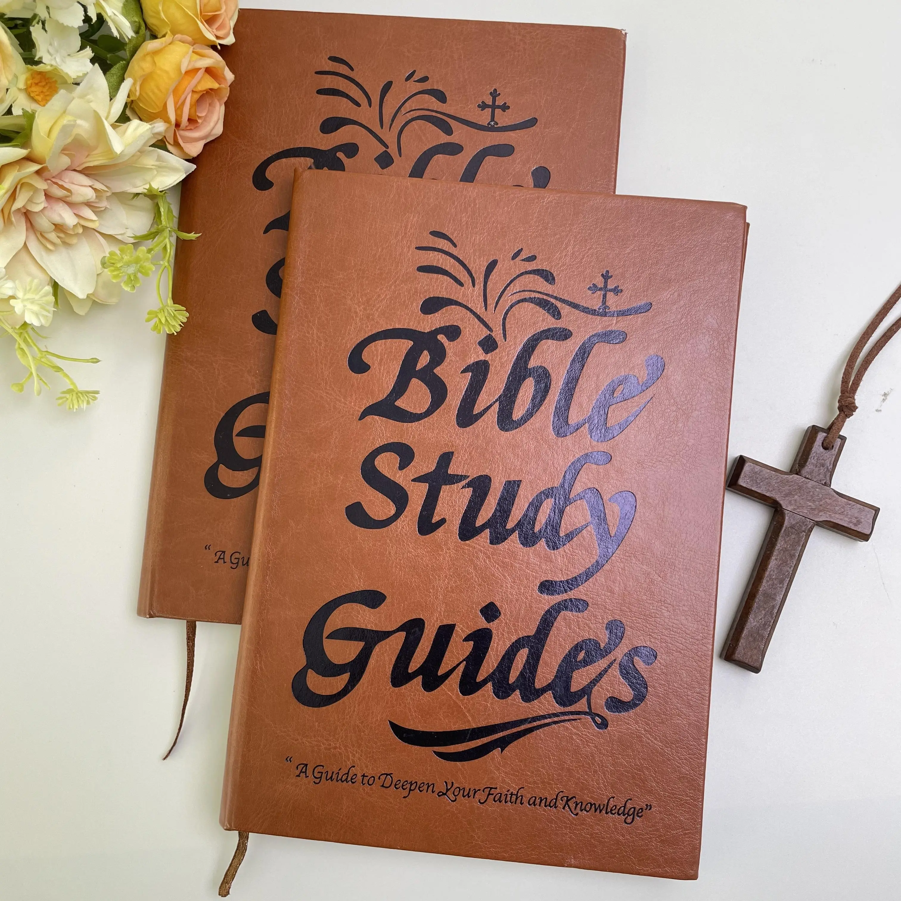 66-page Bible study guide with a PU leather cover, featuring daily scripture excerpts for prayer, reflection, and deepening of faith and knowledge