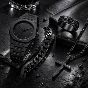 Men’s All Black Watch & Jewelry Set – 4-Piece Minimalist Watch, Cuban Bracelet, Cross Necklace & Ring