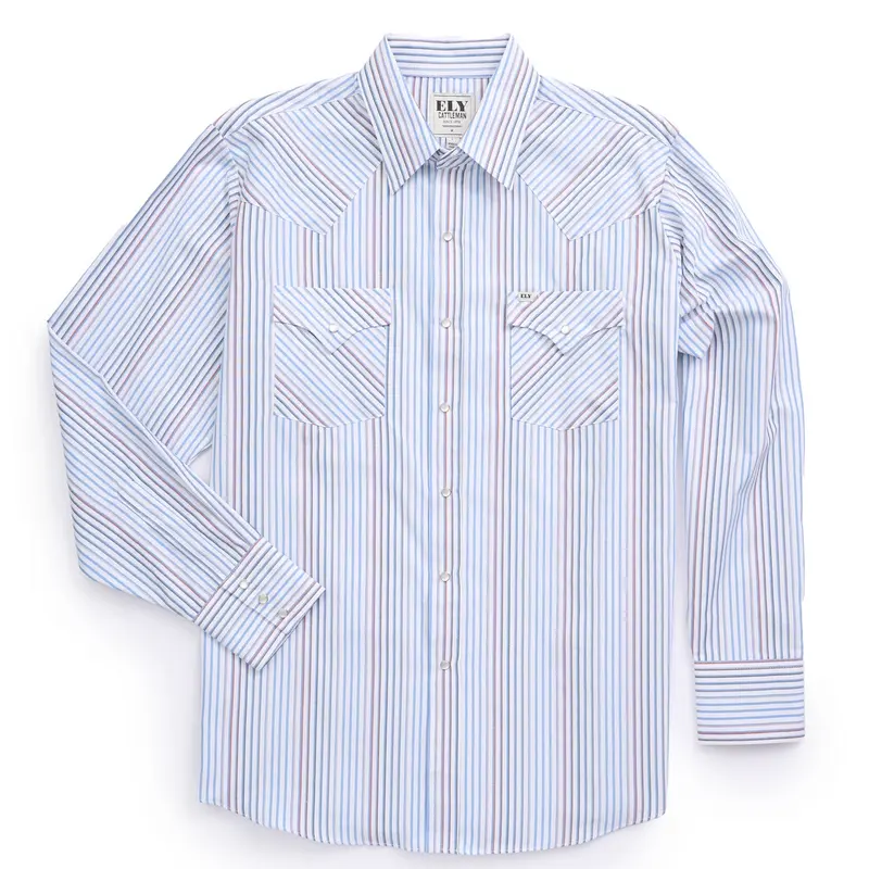 Men's Cowboy Aesthetic Long-Sleeve Shirt - Classy Western Casual Ely Cattleman Woven Polyester-Cotton Textured Stripe Fabric Top, White & Navy, 1 Pocket, Snap-Front Closure, Closet Staple