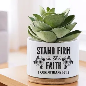 "Stand Firm In Faith" Religious Ceramic Succulent Planter with Bamboo Tray - Aesthetic Faith White Mini Pot Floral Cross Gift for Her & Him - Decorative Flower Pot for Office Desk, Home Shelf & Bedside Decor
