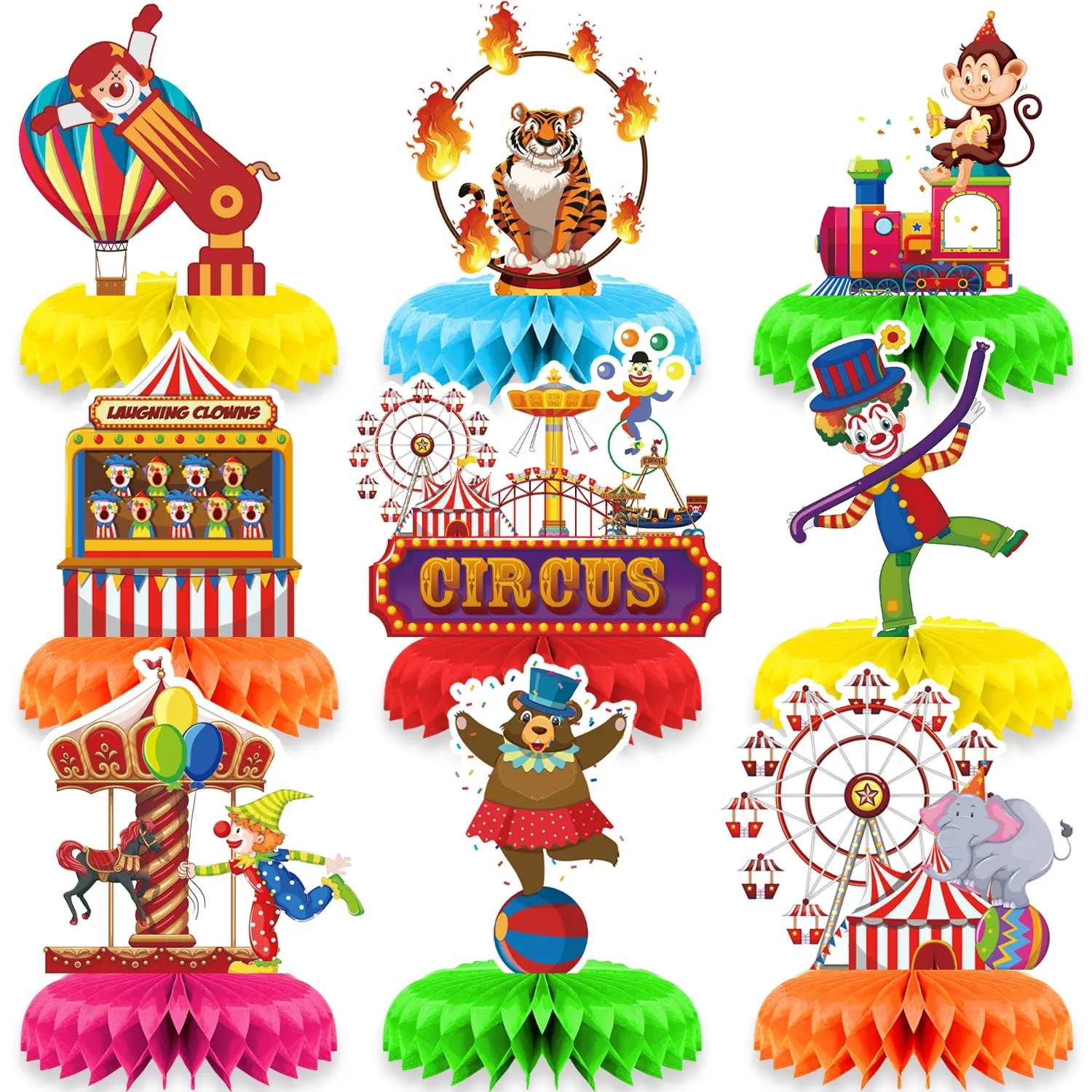 9Pcs Carnival Party 3D Honeycomb Centerpieces Decorations, Festive Decoration, Party Decoration Set, Circus Table Center Piece for Carnival Theme Party Decorations Circus Party Supplies