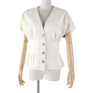 Pre-owned CHANEL Lambskin Small Leather Goods Short Sleeve Leather Jacket Ivory