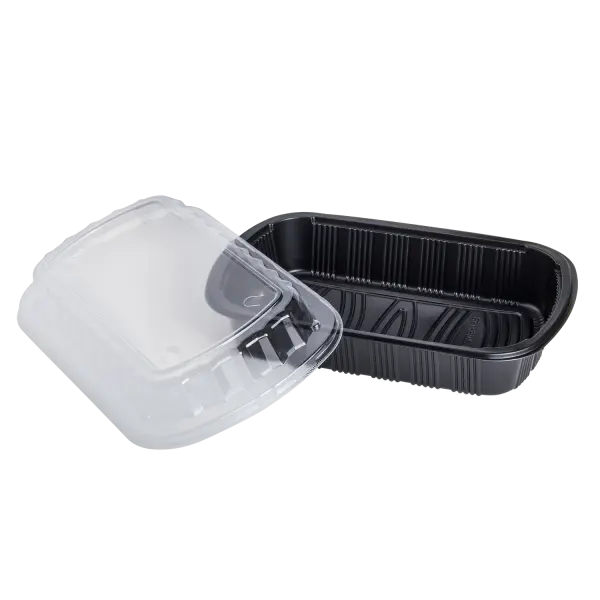 [100 ct] Half Slab Black PP Plastic Rib Container with Clear OPS lid