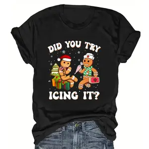 Delivered after Christmas-Womens Christmas Cookie Print T-Shirt - "Did You Try Icing It?"Slogan, Gingerbread Couple Design Tee