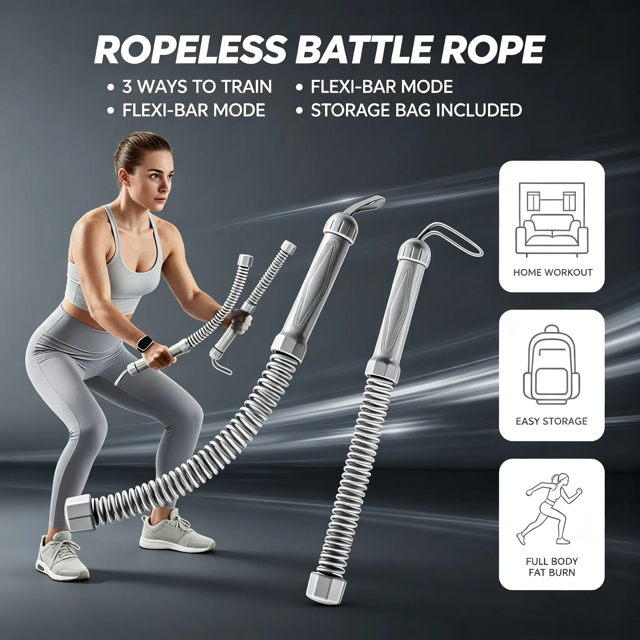 Adjustable Ropeless Battle Ropes (2 Pack) - Cordless Spring Training Bars with Ergonomic Handles, Wrist Loops, Heavy-Duty Portable Home Gym Equipment, Quiet Compact Design for HIIT Strength Training, Black & Gray for Men & Women chest workout