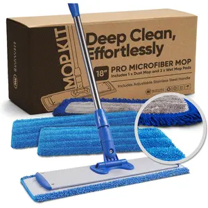 18” Pro Microfiber Hardwood Floor Mop - Cleans Floor in Seconds | Dust & Wet Mopping | Hardwood, Tile, Laminate & Vinyl with 3 Washable Pads, No Buckets Needed with Deluxe Household Mop