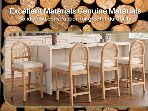 Farmhouse Rattan Counter Height Bar Stools Set of 2, Chenille Upholstered Barstools with Solid Wood Frame & Legs, Chic Kitchen Island Chairs