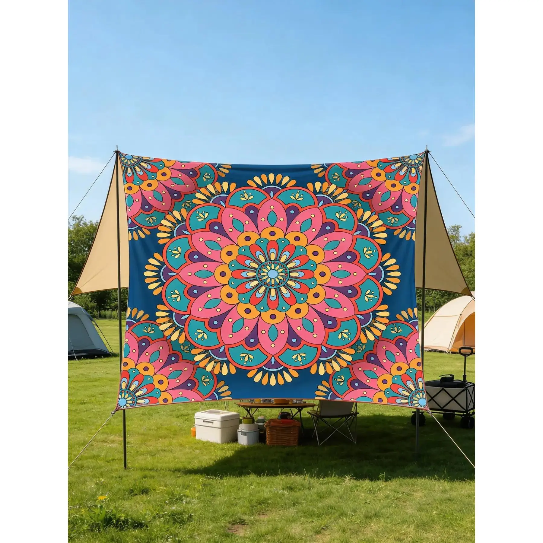 Bohemian Mandala Outdoor Sunshelter, Sun-Protective Garden Canopy, Beach Sunshade Curtain, Easy Installation, 5-8 People Capacity, Camping Sun Shelter