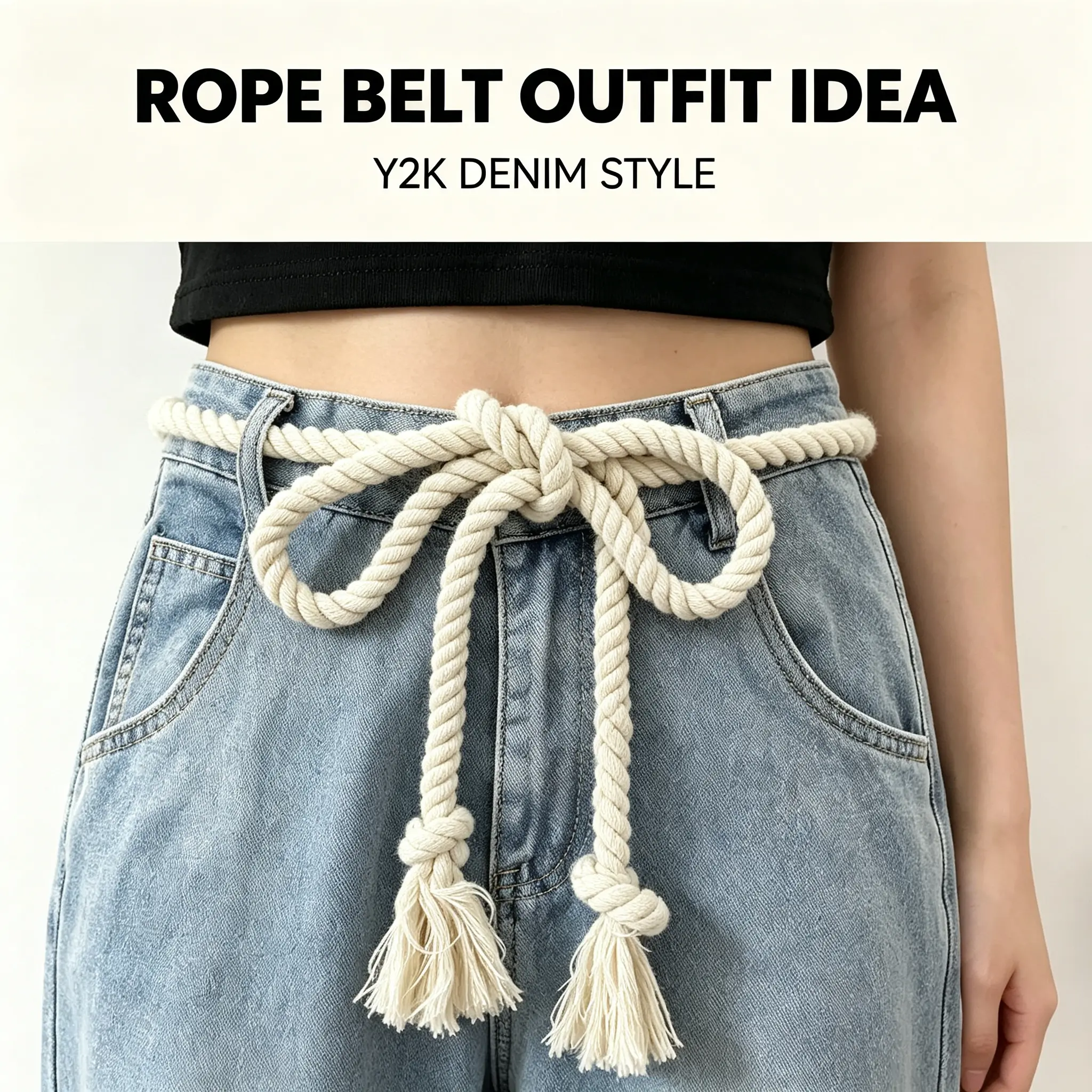 Rope Belt for Women Adjustable Off-White Tie Waist Belt Y2K Denim Accessory for Jeans