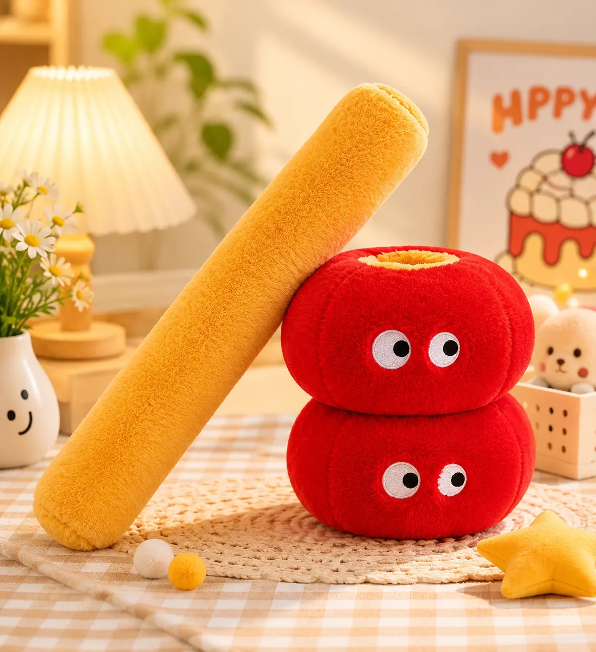 Quirky Round-Eyed Tanghulu Plush Body Pillow — Super Soft Cylindrical Long Pillow — Fun Fruit & Vegetable Themed Home Decor — Unisex Gift