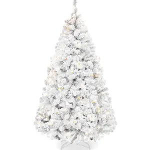 Best Choice Products Pre-Lit White Christmas Pine Tree w/ Flocked Branches, Warm-White Lights
