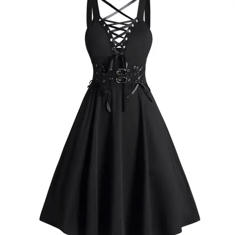 Women's Gothic Cocktail Dress Lace Up Buckle Strap Crisscross Plunging Neck High Waisted A Line Mini Dress Party Swing Dresses Black Dresses 2024 New
