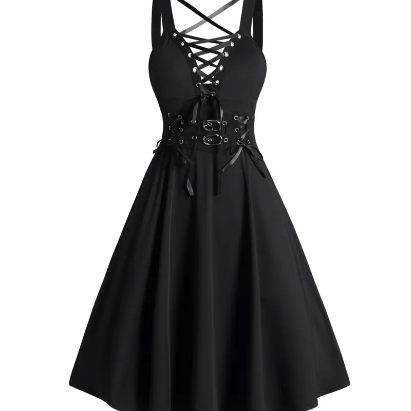 Women's Gothic Cocktail Dress Lace Up Buckle Strap Crisscross Plunging Neck High Waisted A Line Mini Dress Party Swing Dresses Black Dresses 2024 New