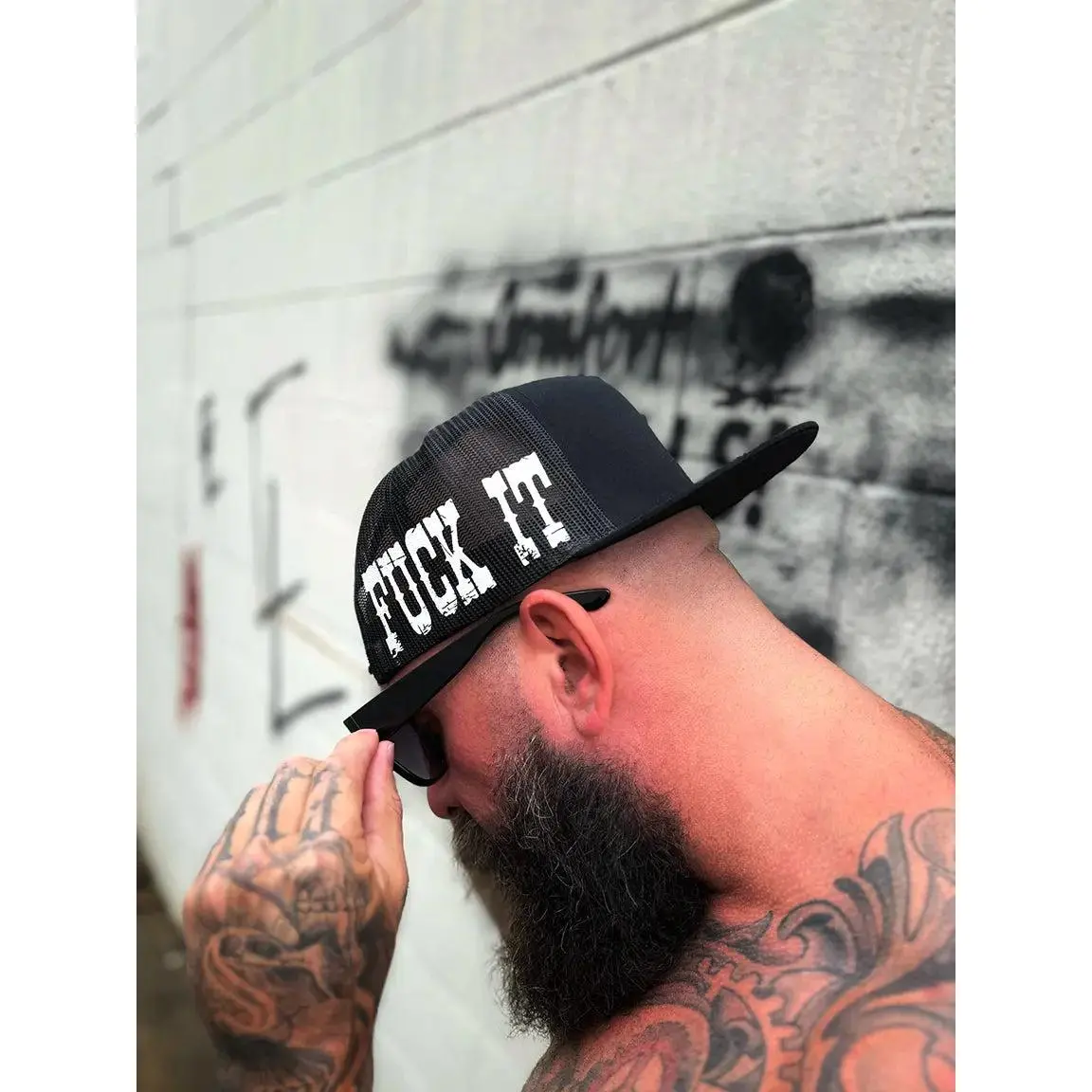 Unisex Flat Bill Black Cotton Baseball Cap with Mesh Back, Side "F*CK IT" Design, 1 Size Fits All, Casual Beach Evening Every Day Fashion Accessory, One Size Fits All