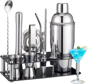 Shaker Set Bartender Kit : 15- Stainless Steel Bartender Kit with  Stand Bars Set with  Practical Bars Accessories, Bar Tools for Drink Mixing, Bar, , Lounge & Party
