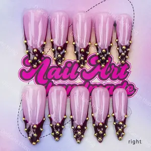 Delicatething Y2K Style Long Sharp Nails, Handmade Wearable Nail Set, 4 Sizes XS-S-M-L, Beads, French Design, Perfect Gift for Girls, Nail Tips Art, Nail Extension Diy