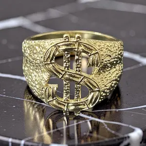 14K Gold Filled Nugget Dollar Sign Ring – Size 9 Hip Hop Statement Band