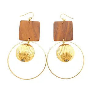 Wooden square gold circle circular wire and gold corrugated large statement earrings