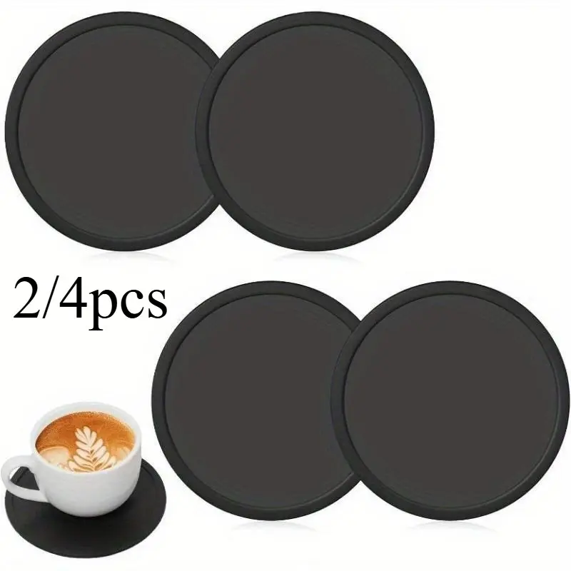 2/4pcs Non-Slip Silicone Drink Coasters - Large Black Cup Coaster Set for Outdoor, Indoor & Home Drinks - Anti Stain & Heat Resistant - Cup Table Pads - Cup Place Mat - Drink Coasters Plain Kitchen Decorative Placemat