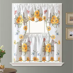 3 count Farmhouse Kitchen Cafe Curtain Set Air Brushed by Hand of Sunflower and Butterfly Design on Thick Satin Fabric (Swag and 24 inches Tiers Set)