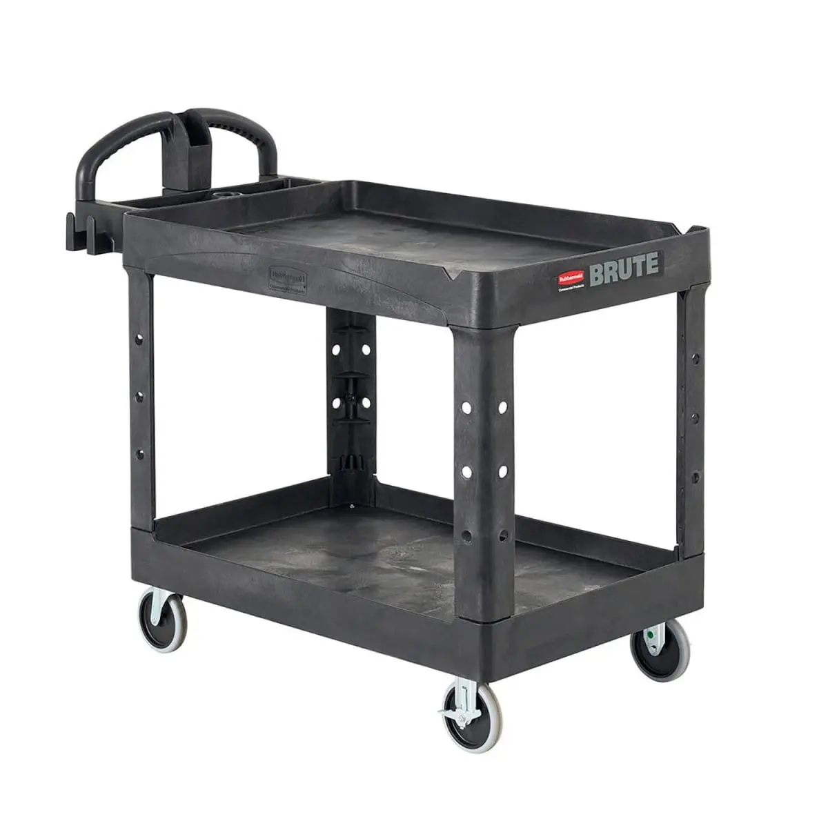 Rubbermaid Commercial Products 2310129 Durable Brute Heavy-Duty Rolling 2-Tier Utility Cart - Ergo Handle, Configurable Multi-Tube Design, Lipped Shelf, Tool Racks, Rod-Accepting Holes, Cord Hooks, Leakproof Medium Black Home Organizer for Tool Storage