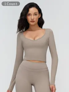 Cross-Border Fleece Yoga Long Sleeve V-Neck T-Shirt, Tight Fit Casual Yoga Top, Outdoor Running Fitness Sport Shirt, Athletic Yoga Tops