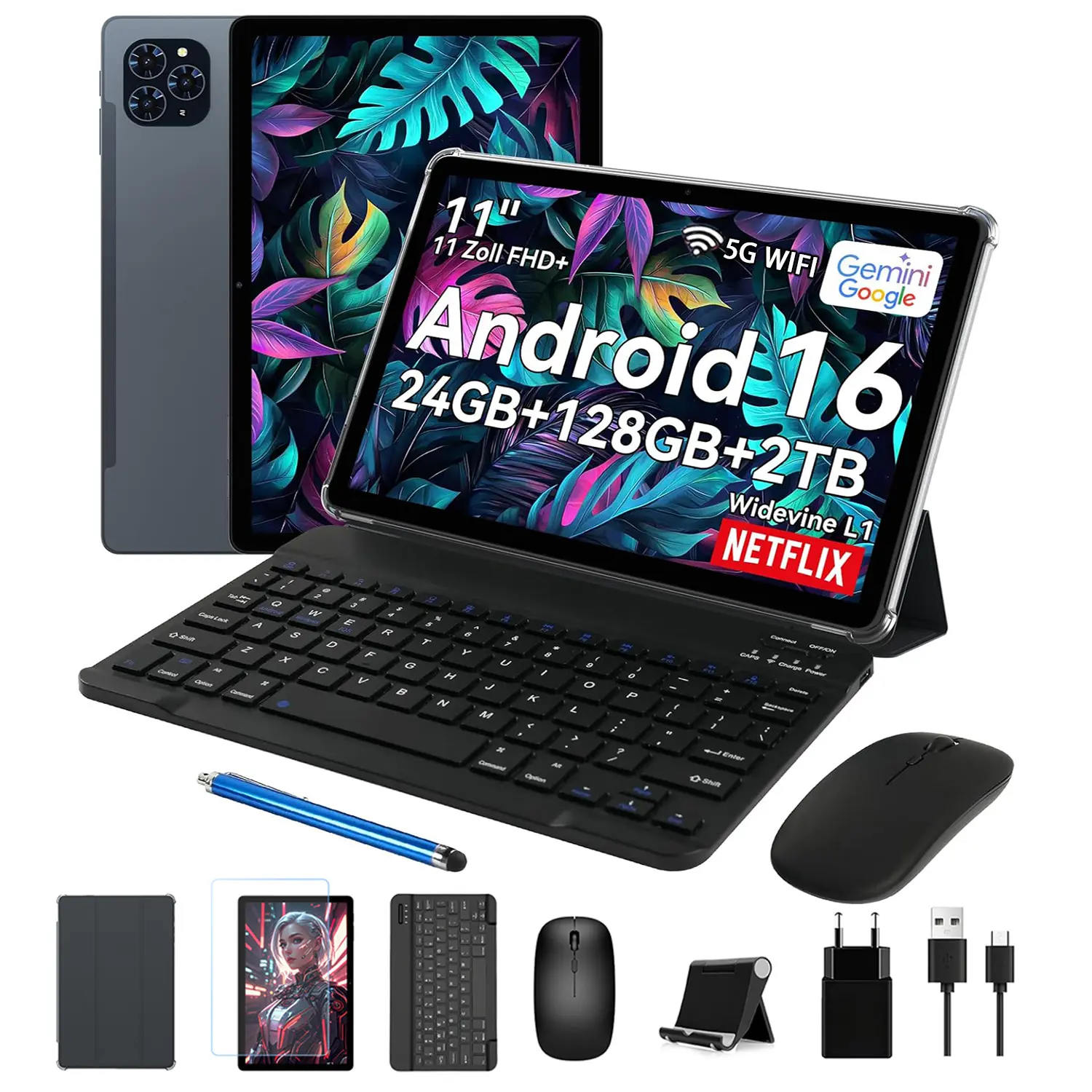 【DealsForYouDays】Android 16 Tablet Bundle 11 Inch, 24GB(8+16) RAM 128GB ROM(2TB TF), 8000mAh, T7250 Octa Core CPU+13MP Camera/Gemini AI/5G Wi-Fi+BT5.0/Face ID/Widevine L1, 8 in 1 Tablets with Keyboard Mouse Stylus
