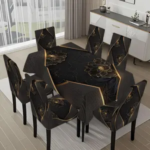 5/7-piece 2D Flat Printing Black and Gold Floral Decoration Printing Pattern Tablecloth and Chair Cover Set, for dining table and chair decoration, perfect for home, holiday gatherings, restaurants, and parties, Chair Covers Set