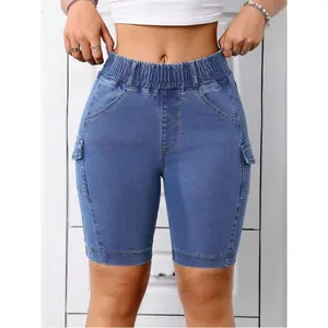 Women's Stretchy Casual Versatile Street Utility Multi-Pocket Elastic Waist Denim Bermuda Shorts