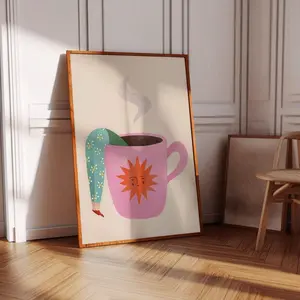 Retro Boho Wall Decor, Sun Face Illustration, Whimsical Coffee Cup Art Print