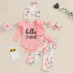Infant Girl Fall 4Pcs Outfit Letter Print Long Sleeve Romper with Flower Pants and Hat Bow Headband Set Bodysuit