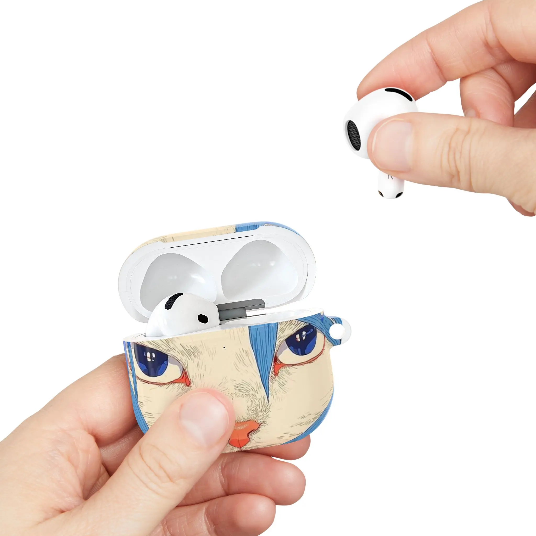 Cute Blue-Eyed Cat Wireless Earbud Case Cover with Keychain – Lightweight Printed Protective Carrying Case