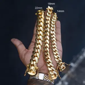 Heavyweight Men's Cuban Link Chain Bracelet 8mm to 22mm Wide Gold-Tone Solid Brass & Stainless Steel Hip Hop Bangle Style Great Gift