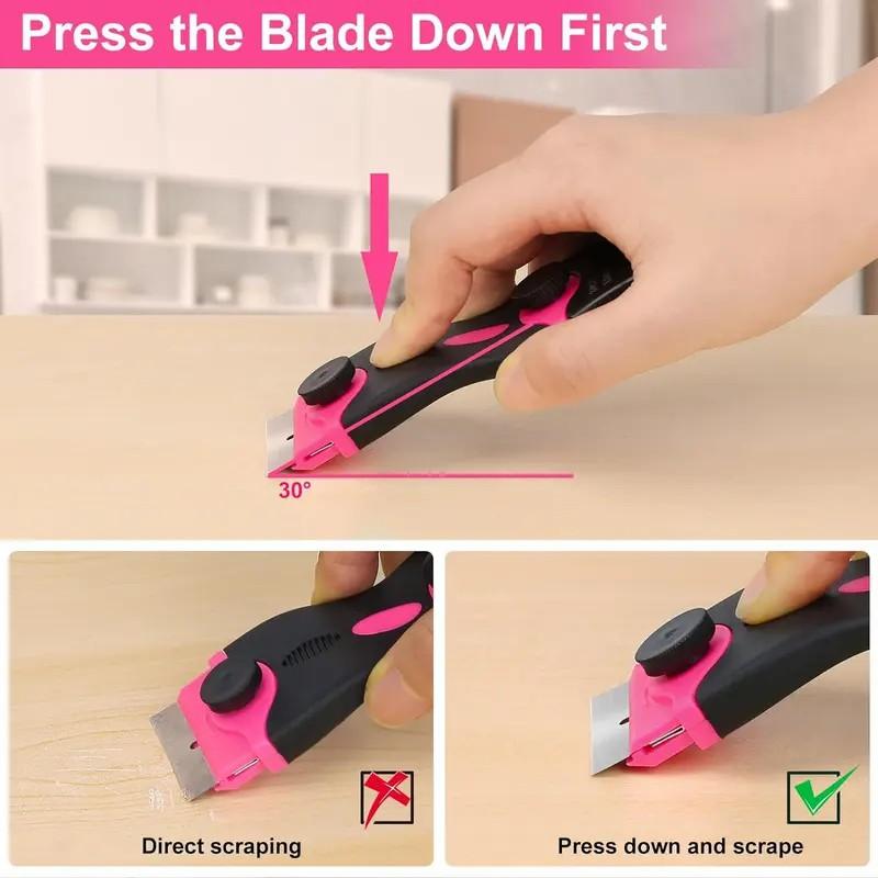 2-in-1 Razor Blade Scraper Tool, Pink Surface Scraper for Window Labels, Sticker, Glue, Paint and Caulk Removal, Includes 10 Plastic and 10 Metal Replacement Blades