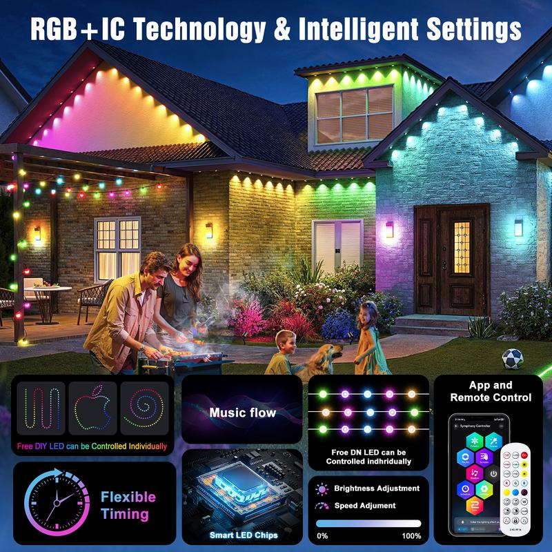 Smart RGB Permanent Outdoor Lights for House 100FT/200FT RGB+IC Eave Lights with DIY Color IP67 Waterproof App & Remote Control 72 Scene Modes for Christmas Holiday & Daily Decor