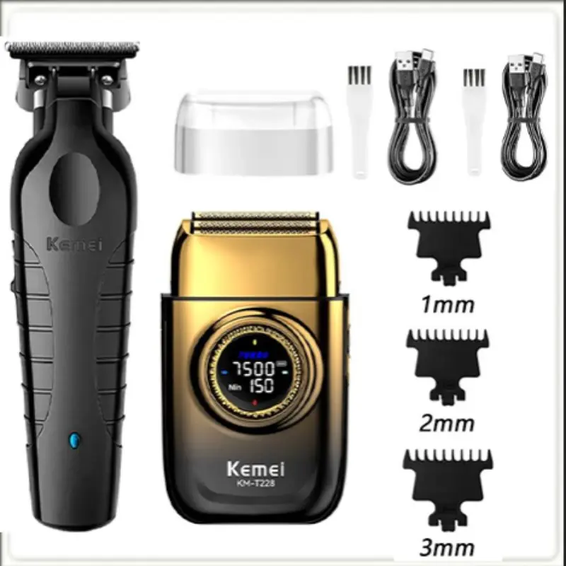 Kemei Rechargeable Cordless Shaver for Men, Multi-Functional Adjustable Facial Beard Trimmer, Face Care, Hair Clipper Set Km-2299, Km-T228