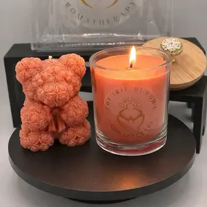 Coral Unscented Rose Bear Candle & Scented 14oz Glass Jar Gift Set for Aromatherapy and Relaxation