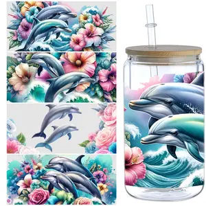 5 Dolphin UV DTF Cup Stickers, Glass Cup Transfer Paper, Waterproof Wipeable, Suitable for 16 Oz Glass Cups, Crafts, Furniture