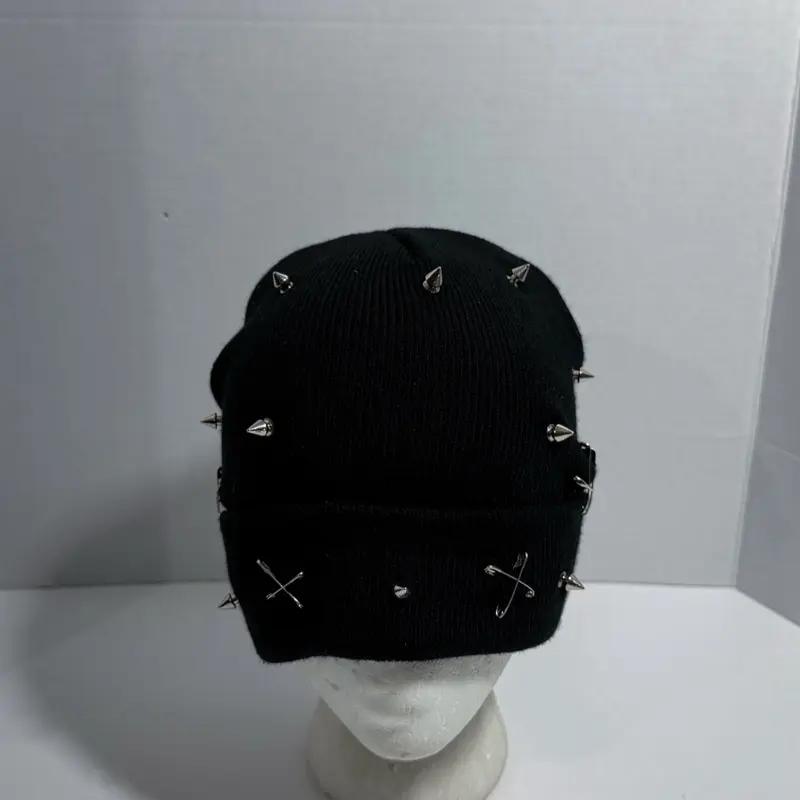 Spikes and Pins Beanie - Black Knit Hat with Silver Studs and Crosses for Urban Style
