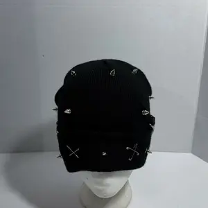 Spikes and Pins Beanie - Black Knit Hat with Silver Studs and Crosses for Urban Style