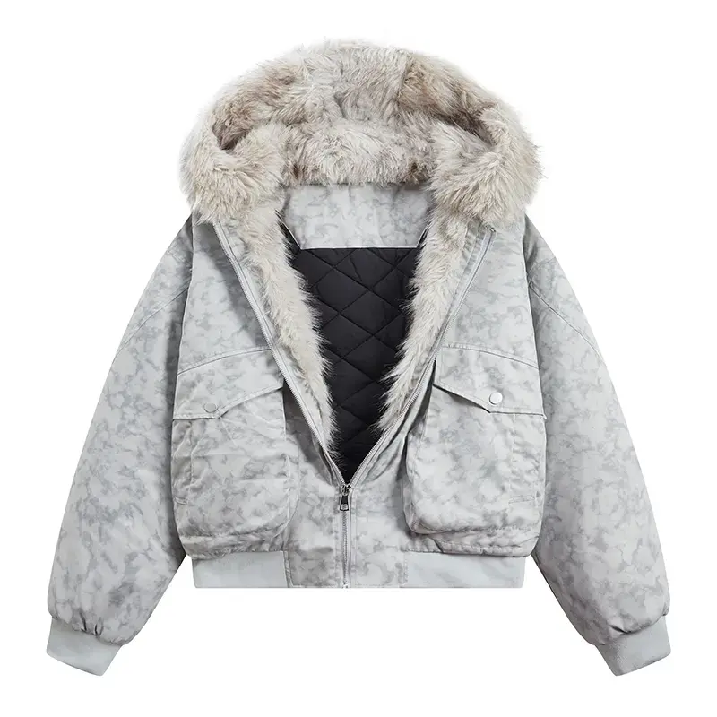 Men’s Winter Tie-Dye Oversized Hooded Cropped Jacket - Thick Outerwear for Winter Streetwear, Outdoor Activities, Tops, Jeans, Pants with Hem, Pockets, Cargo Pants