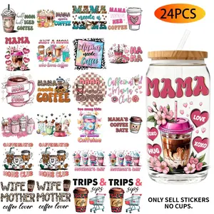UV DTF Transfer Stickers - 24Pcs/Set Mother's Day Coffee Theme UV DTF 16OZ DIY Transfer Stickers For 16 Oz Water Bottle Glass Jar Laptop Home Decor DIY High Viscosity Transfer Paper Sticker Packs