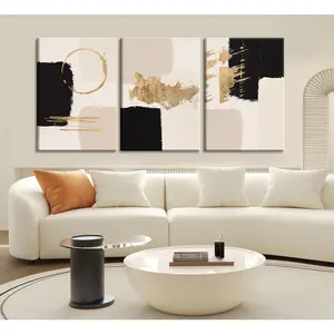 3Pcs Framed Black and Gold Abstract Wall Art Bohemian Minimalist Geometric Canvas Poster Prints Beige Gold Foil Pictures Painting Wall Decor for Living Room Bedroom Office Decoration Ornaments Artistic Photo