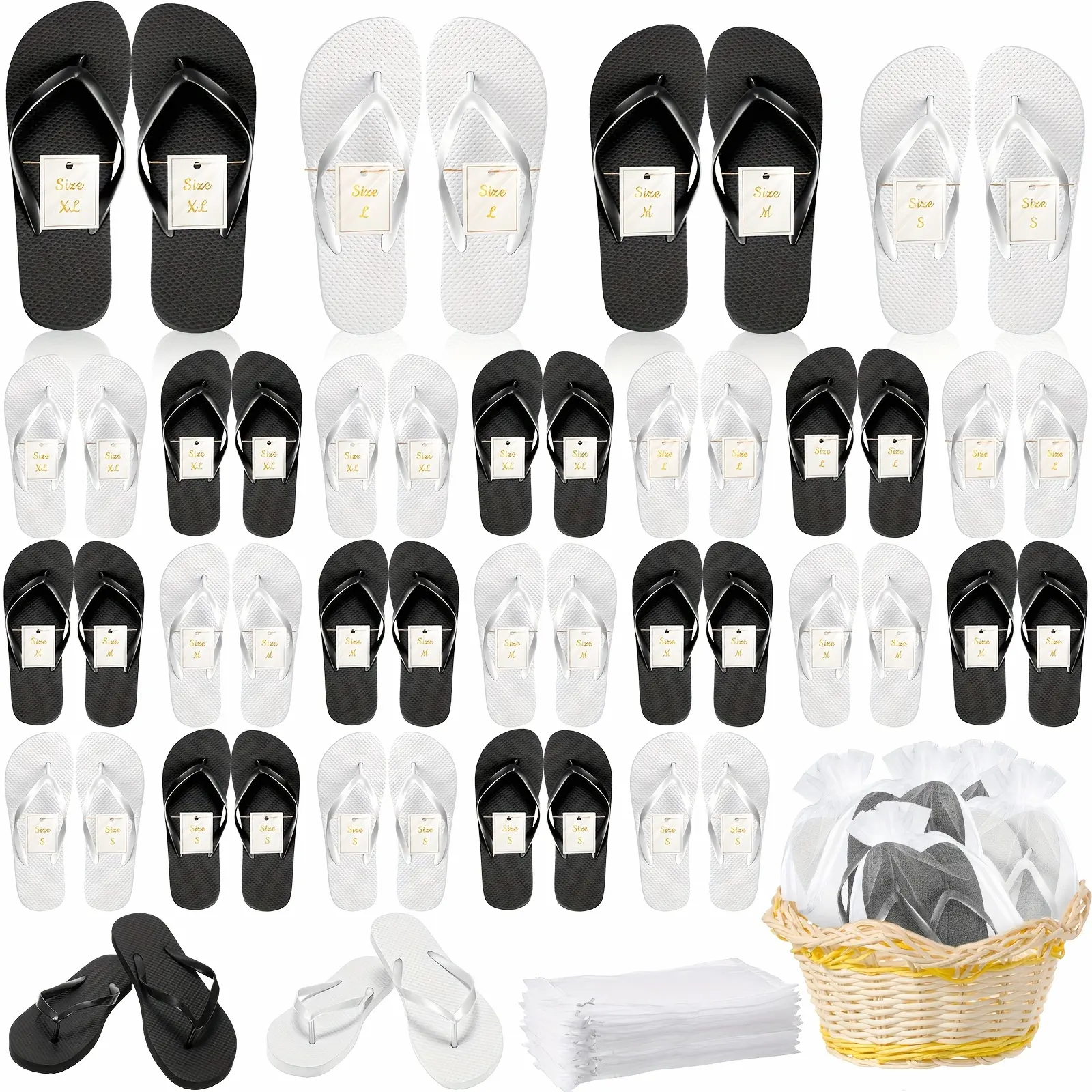 24 Pairs Bulk Wedding Guest Flip Flops with Matching Bags & Cards - Bulk PE Slippers for Pool Beach Party, White & Black Wedding Favors, Durable Comfortable for &, Wedding