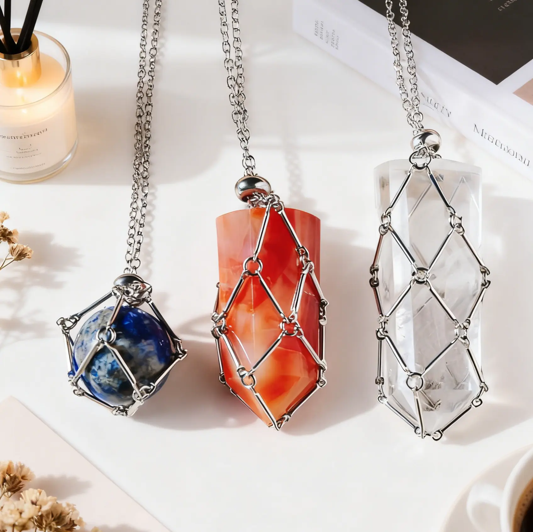 Women's Handcrafted Silver Metal Mesh Bamboo Pendant Necklace, Crystal Lapis Lazuli Woven Statement Jewelry for Daily Female Wear, Crystals, Natural Beauty
