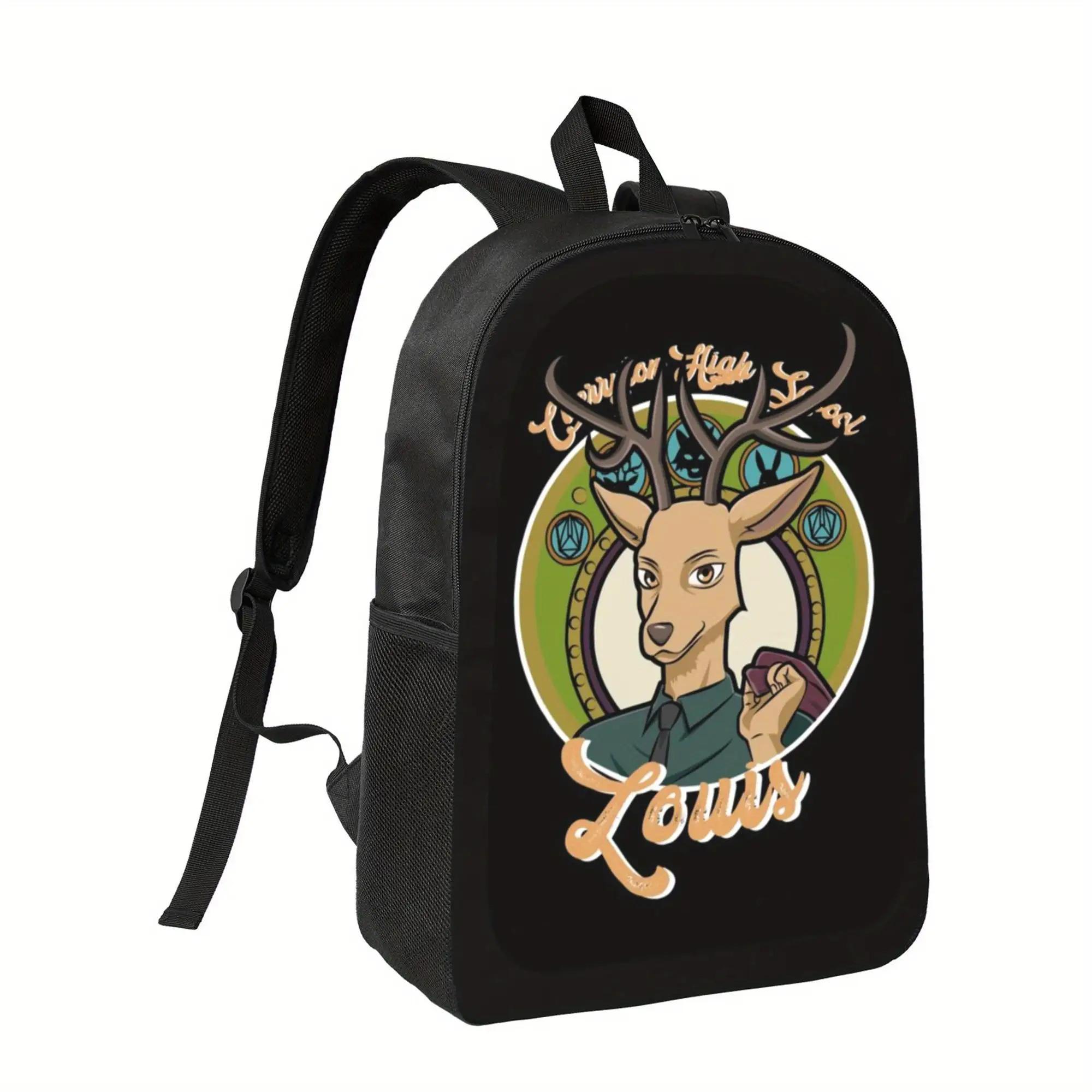 BEASTARS 2 LOUIS Print Lightweight Durable Travel Backpack - Adjustable Shoulder Straps, Zipper Closure, Laptop Compartment, Black with Deer & Floral Design, Perfect for Hiking, School, or Work, Backpack for Travel, Hiking Gear, Sporty Style, Secure Zippe