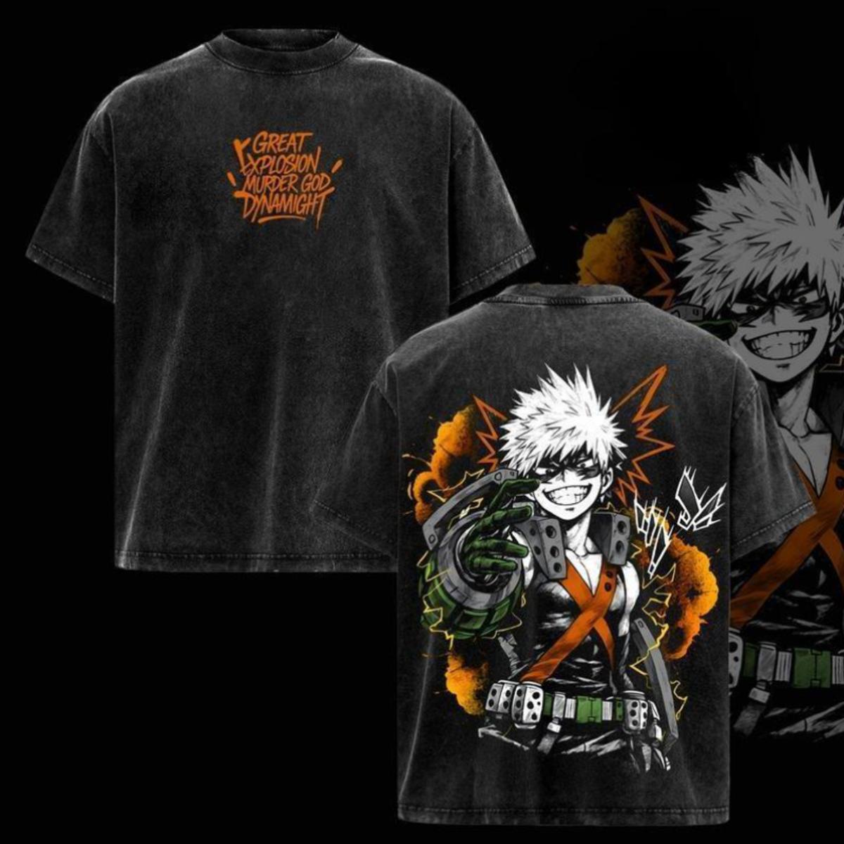 Valentine Shirts Bakugo Vintage Washed Oversized Tee My Hero Academia Anime Graphic Katsuki Bakugo Explosive Manga Shirt Soft Cotton Breathable Unisex Crew Neck Streetwear Tops For Men Women Daily Urban Outfit Hip Hop Fashion Gift For MHA Fans