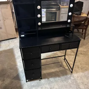 Hollywood Vanity with Mirror and Lights, Makeup Vanity Desk with 5 Fabric Drawers & Power Outlet, 3 Lighting Modes Adjustable Brightness, Bedroom Dressing Table